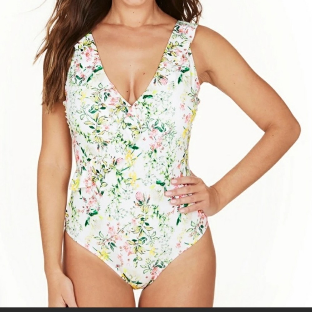 Nip Tuck frill front one piece swim, cream floral